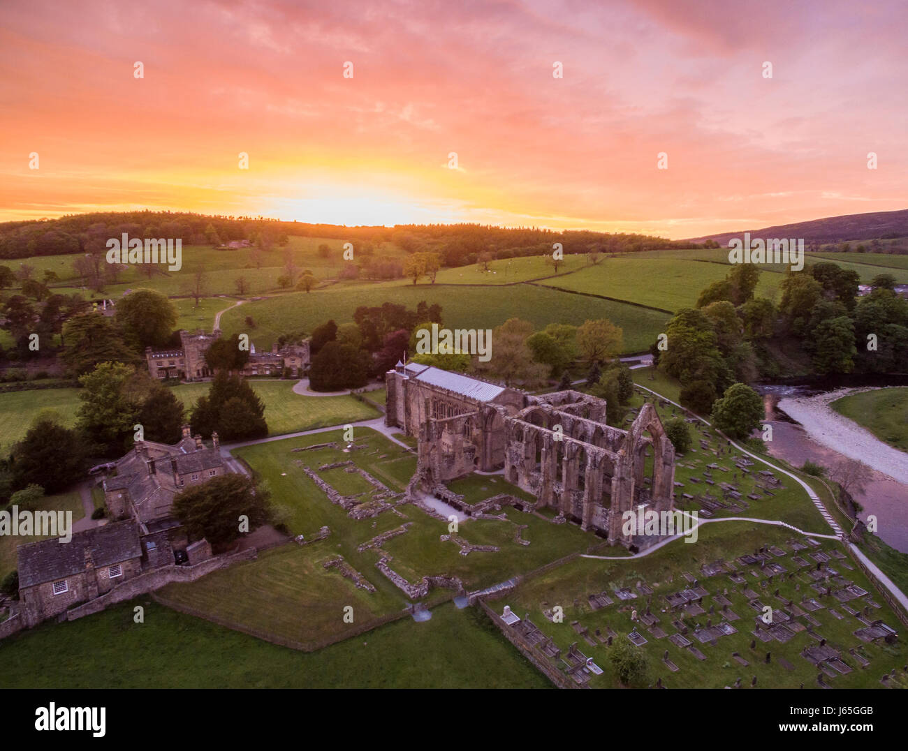 Stunning sunset at Bolton Abbey Priory in North Yorkshire Stock Photo