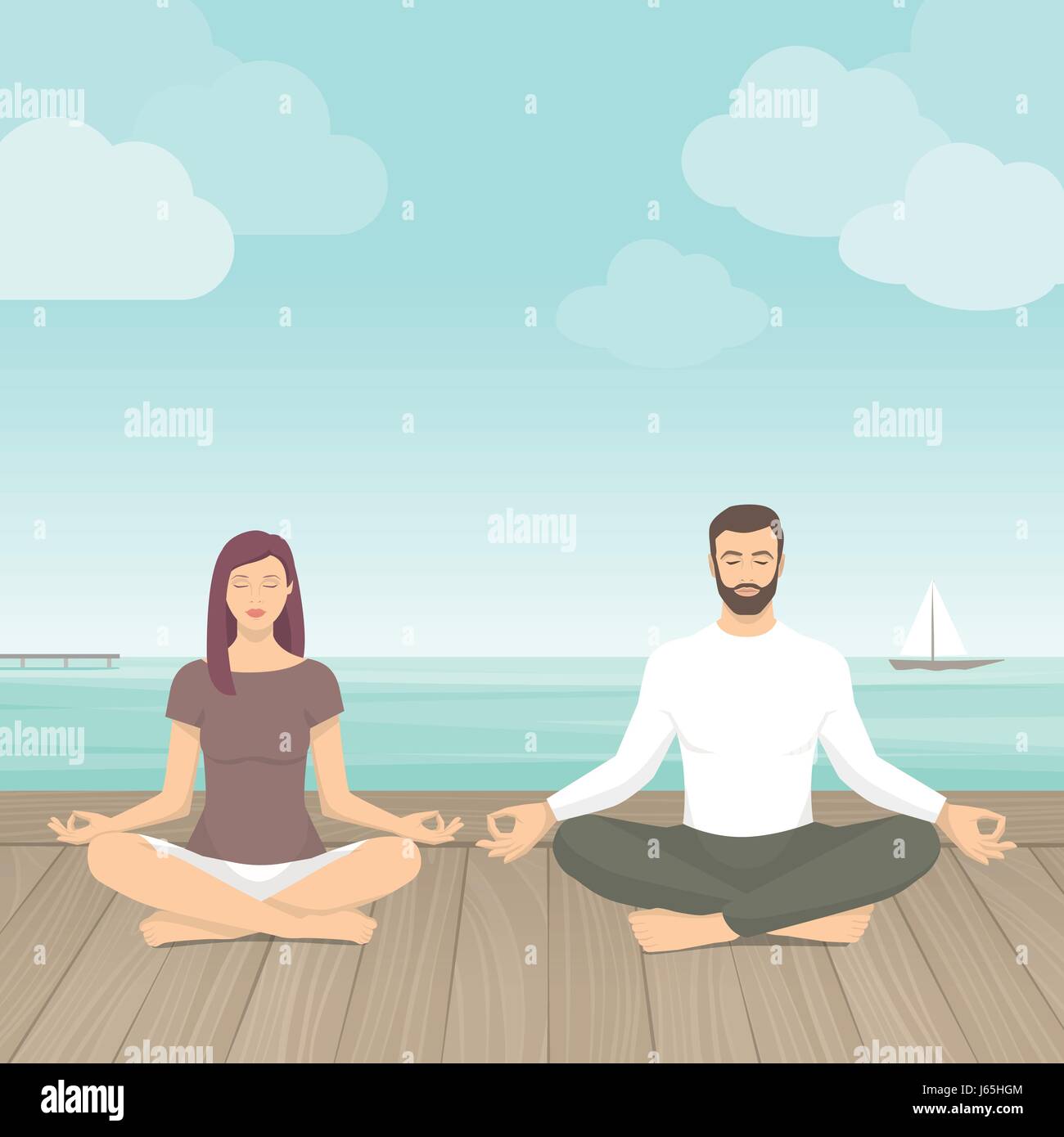 Couple practicing meditation outdoors, they are sitting in the lotus position next to the sea, yoga and self consciousness concept Stock Vector