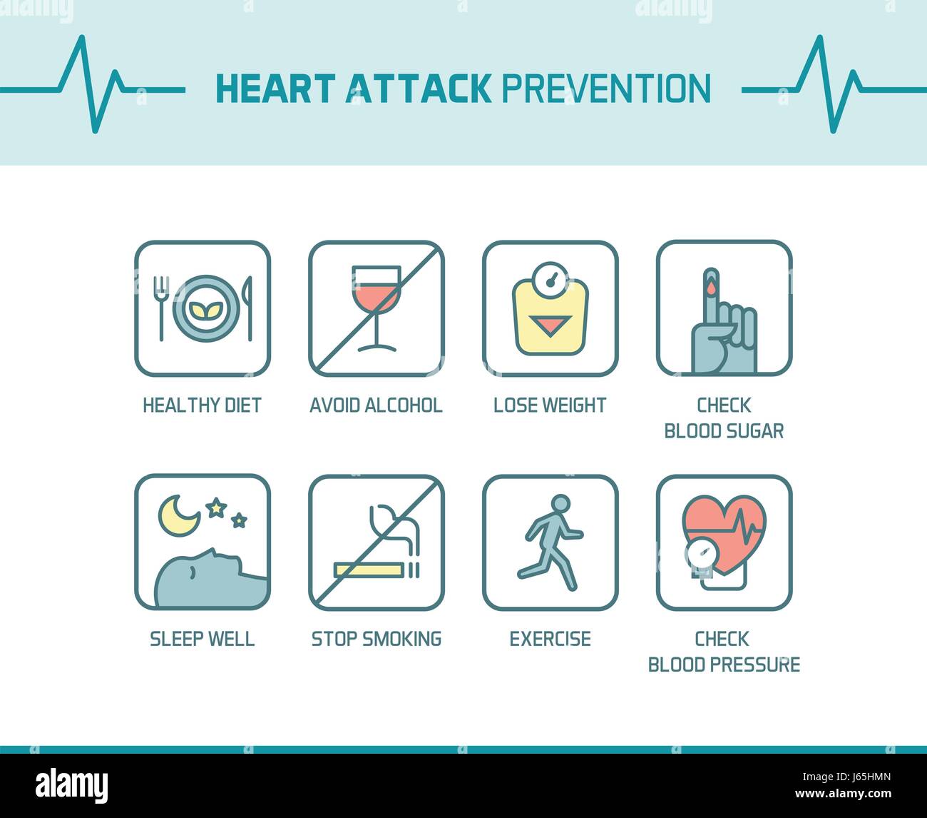Heart attack and atherosclerosis prevention tips, healthy lifestyle good habits Stock Vector