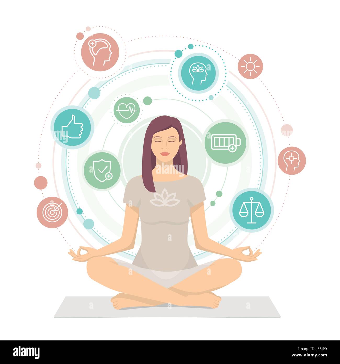 Woman practicing mindfulness meditation, she is sitting in the lotus position and she is surrounded by health and wellness concepts Stock Vector