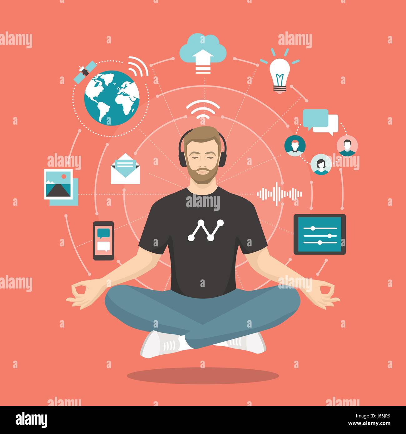 Young man practicing mindfulness meditation, he is clearing his mind, releasing stress and expressing his potential; yoga and self consciousness conce Stock Vector