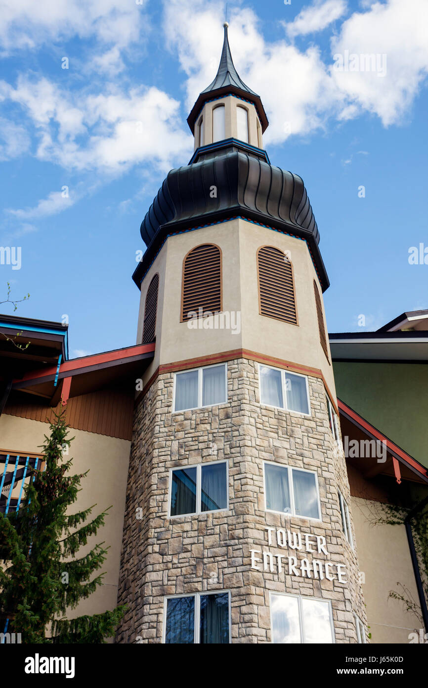 Michigan Frankenmuth,German ethnic community,Bavarian Inn,Lodge,building,hotel,tower,entrance,front,outside exterior,front,entrance,MI090508002 Stock Photo