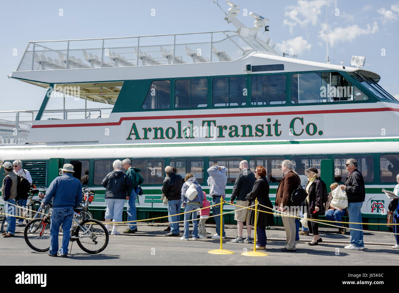 Michigan Mackinaw City,Arnold Ferry Dock,Straits of Mackinac,Lake Huron,catamaran to Mackinac Island,Great Lakes,docking,passenger passengers rider ri Stock Photo