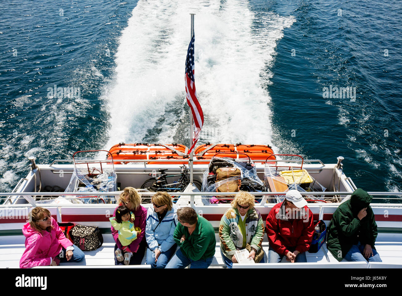 Michigan Mackinaw City,Arnold Ferry,Straits of Mackinac,Lake Huron,catamaran,Mackinac Island,Great Lakes,navigating,wake,rear,ad Stock Photo