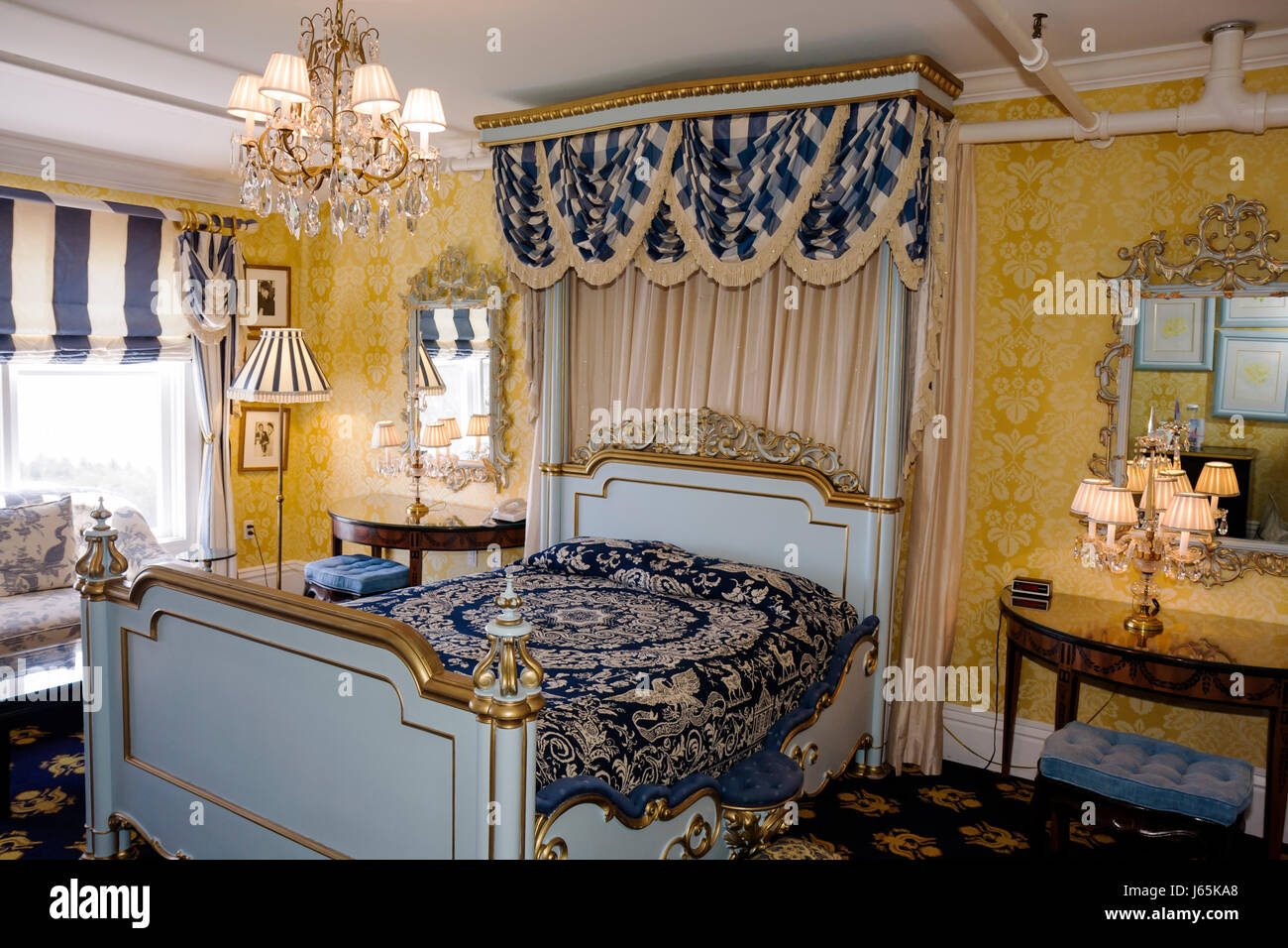 Mackinac Island Michigan,Historic State Parks Park Mackinaw,Straits of,Lake Huron,Grand,hotel,1887,guest room,canopy bed,luxury,elegant,sumptuous,chan Stock Photo