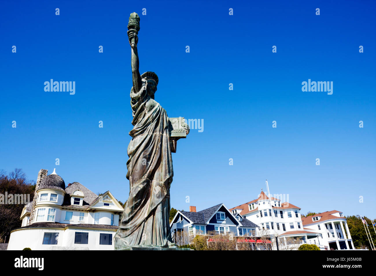 Mackinac Island Michigan,Historic State Parks Park Mackinaw,Straits of,Lake Huron,Main Street,Statue of Liberty replica,Victorian architecture,buildin Stock Photo