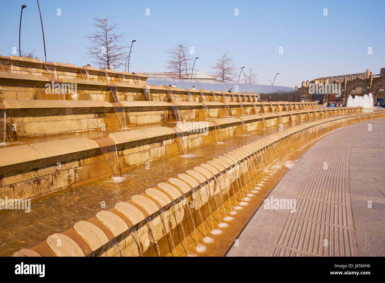 Steel sculpture water cascade and fountains, Sheaf Square, Sheffield, South Yorkshire, England Stock Photo