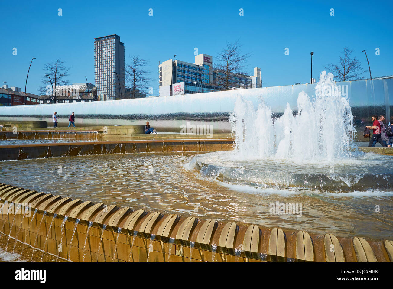 Stainless steel Cutting Edge Sculpture and water fountains, Sheaf Square, Sheffield, South Yorkshire, England Stock Photo