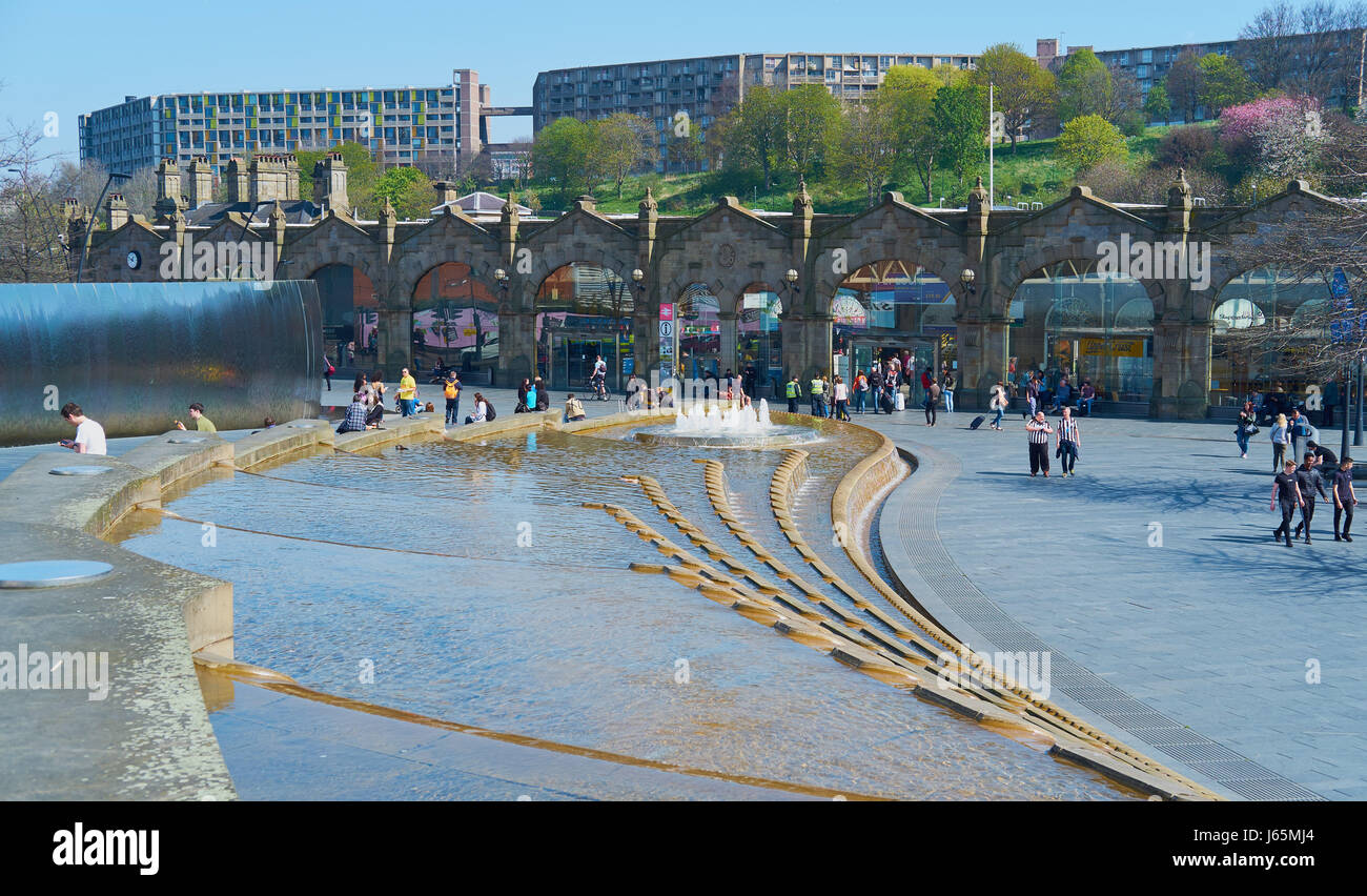 Stainless steel Cutting Edge Sculpture and water fountains, Sheaf Square, Sheffield, South Yorkshire, England Stock Photo