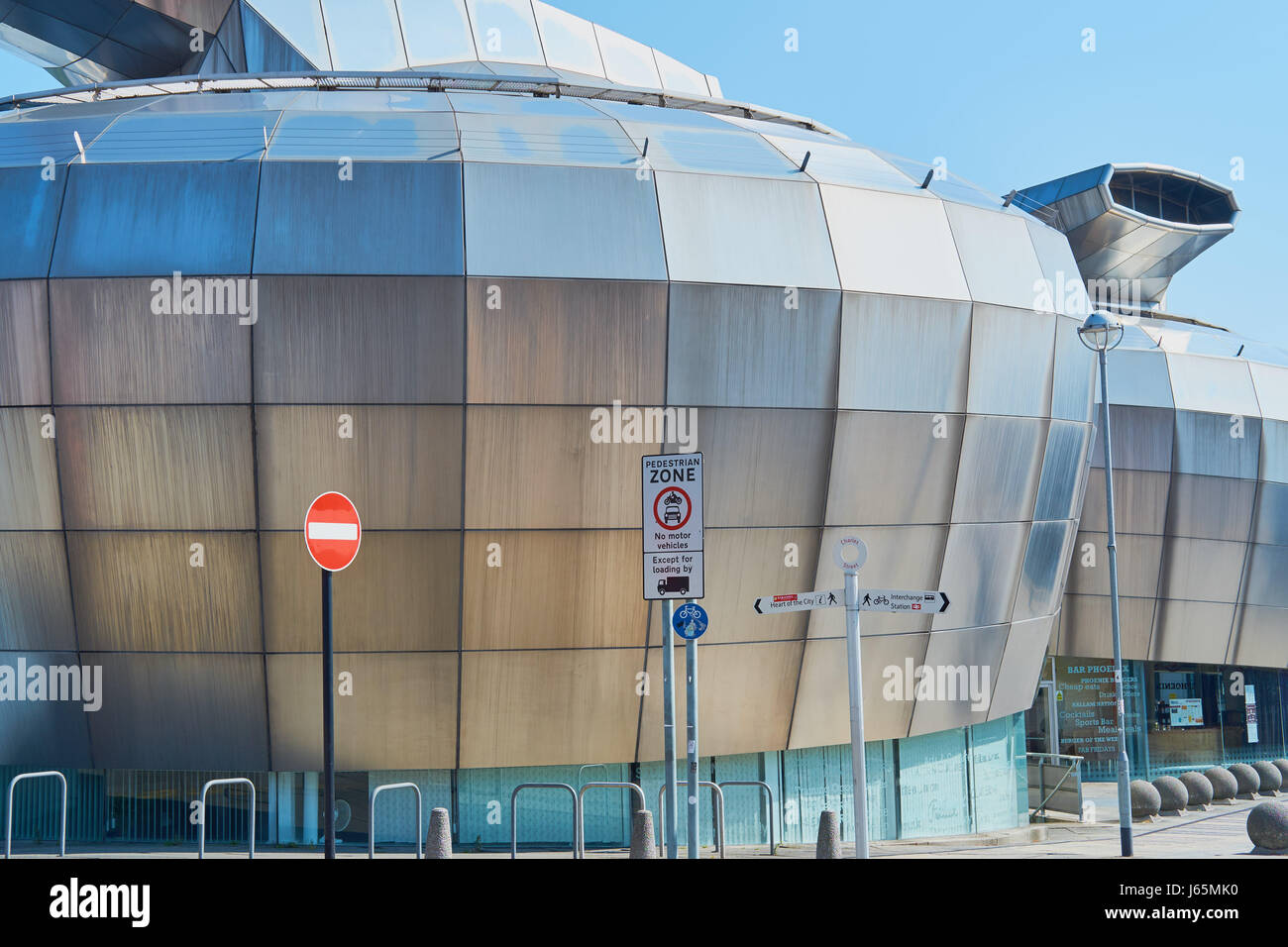 Stainless steel drums of Sheffield Hallam University student union (by Nigel Coates), Sheffield