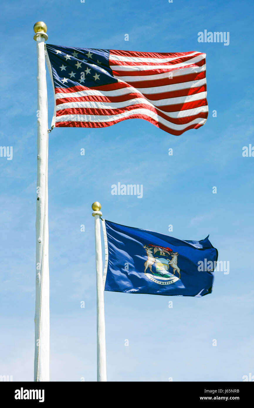 Mackinac Island Michigan,Historic State Parks Park Mackinaw,Straits of,Lake Huron,Fort Mackinac,Star Spangled Banner,flag,15 stripes,15 stars,1796,Ame Stock Photo