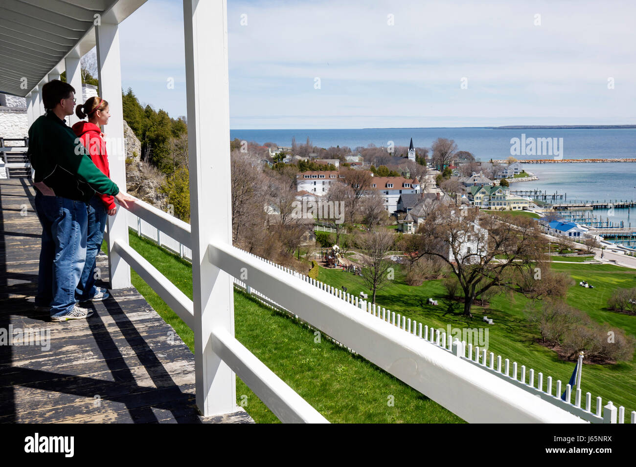 Mackinac Island Michigan,Historic State Parks Park Mackinaw,Straits of,Lake Huron,Fort Mackinac,view,scenic,early spring,man men male,father,parent pa Stock Photo