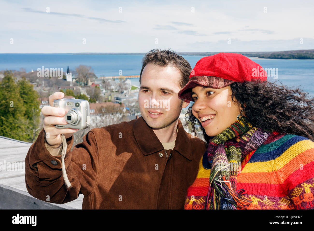 Mackinac Island Michigan,Historic State Parks Park Mackinaw,Straits of,Lake Huron,Fort Mackinac,couple,Albanian man,Iraqi woman,Middle Eastern Muslim Stock Photo