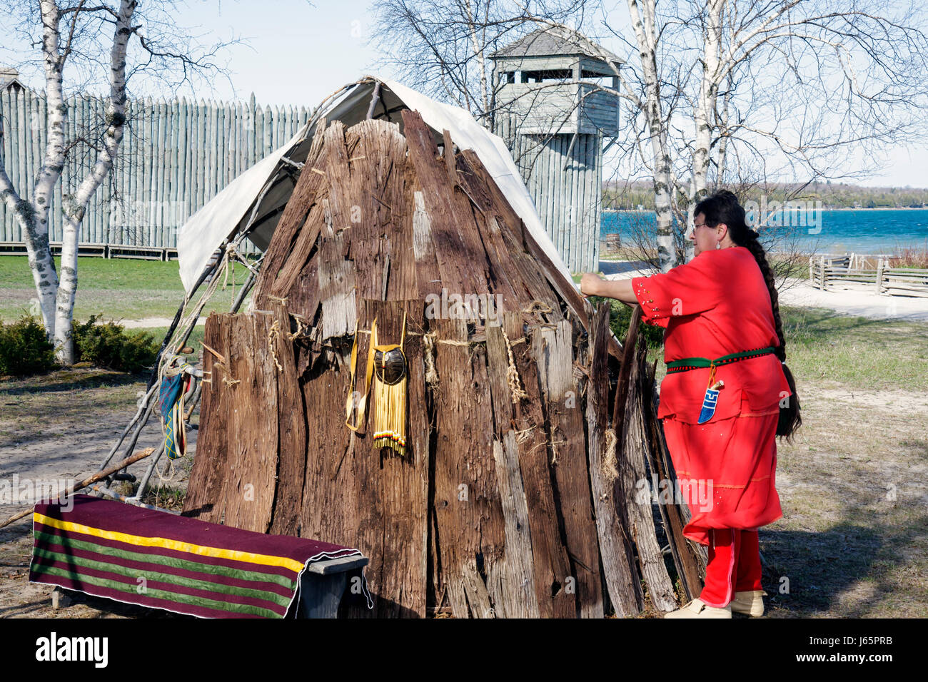 Michigan Mackinaw City,Mackinac historic State Parks Park,Straits of Mackinac,Lake Huron,fort,Colonial Michilimackinac,Odawa Native American Indian in Stock Photo