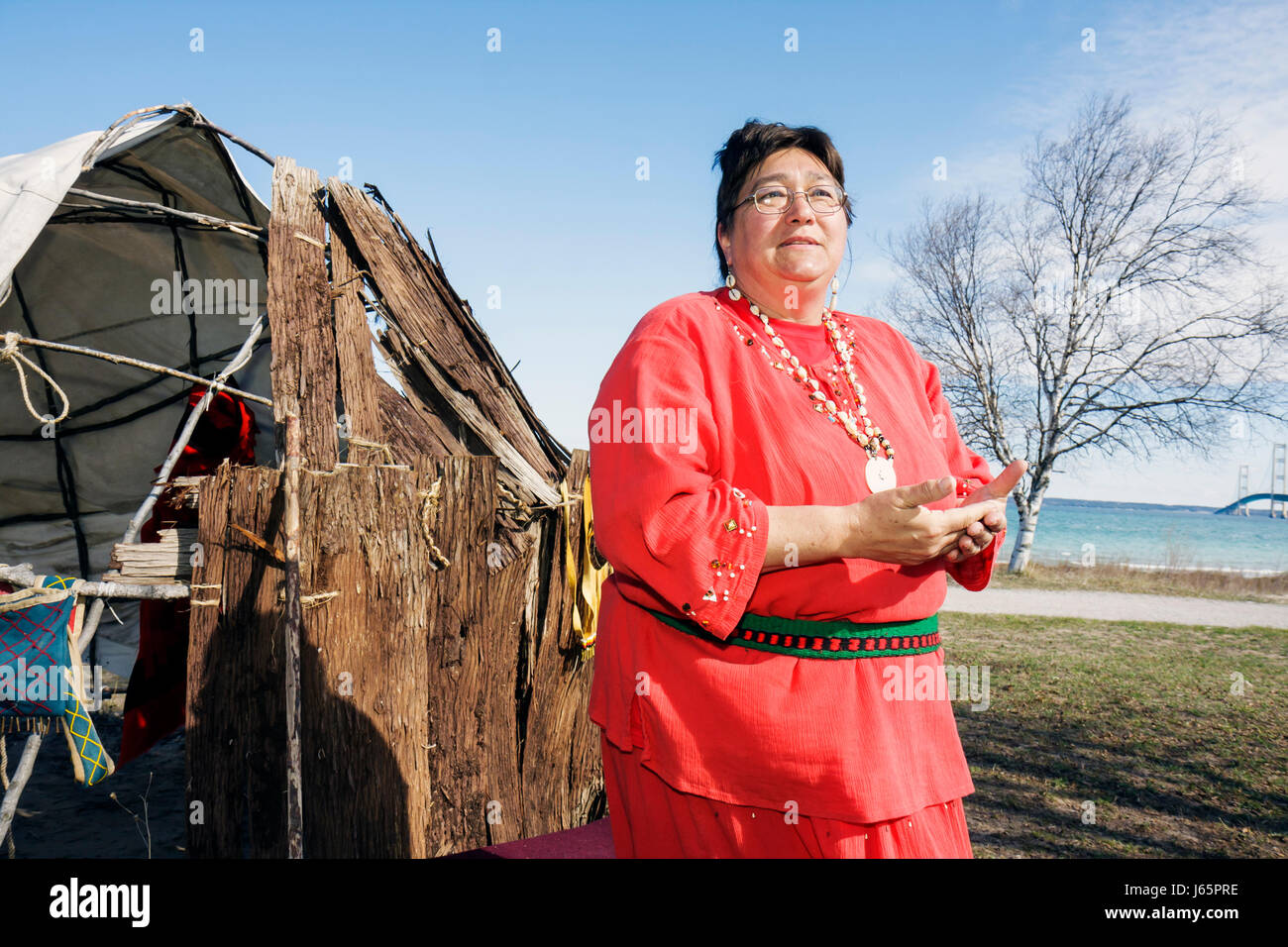 Michigan Mackinaw City,Mackinac historic State Parks Park,Straits of Mackinac,Lake Huron,fort,Colonial Michilimackinac,Odawa Native American Indian in Stock Photo