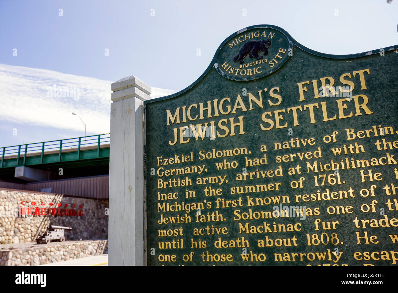 Michigan Mackinaw City,Mackinac historic State Parks Park,Straits of Mackinac,Lake Huron,first Jewish settler,history,historic marker,Ezekiel Solomon, Stock Photo