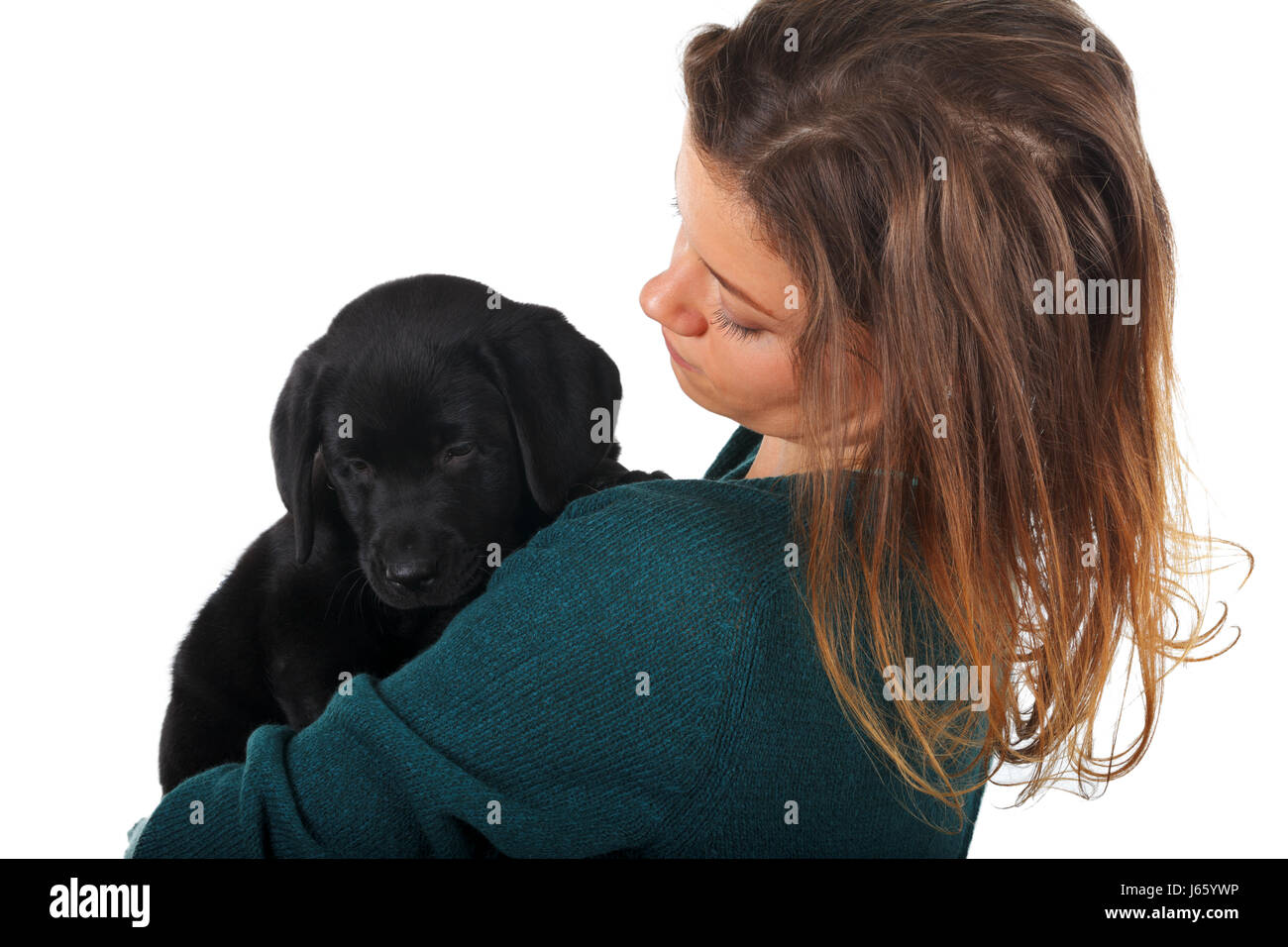 Picture of a woman with her black labrador puppy Stock Photo - Alamy