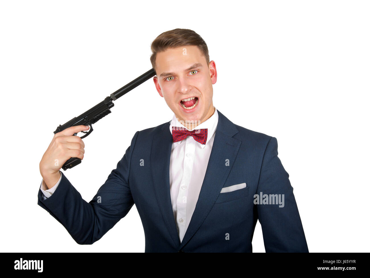 Stressful businessman pointing a gun to his head Stock Photo