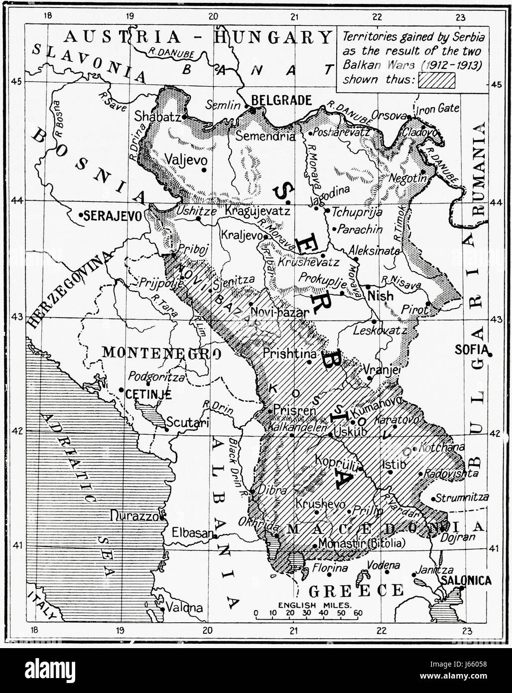 Map of Serbia at the start of WWI.  From Hutchinson's History of the Nations, published 1915. Stock Photo