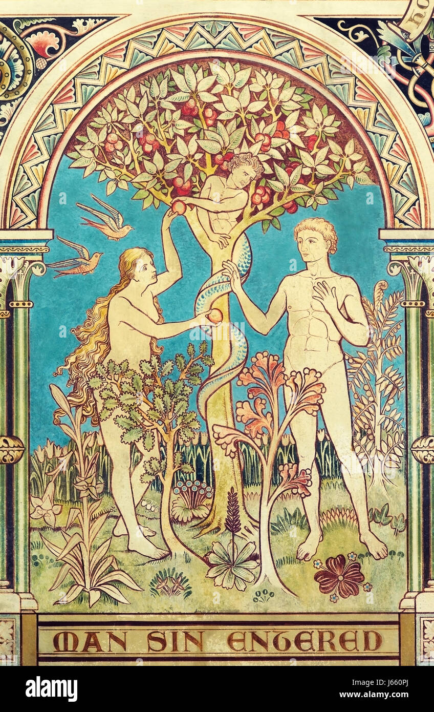 The Fall of Man depicted in a wall painting in St. Michael's Church, Garton on the Wolds, Yorkshire, England, UK Stock Photo