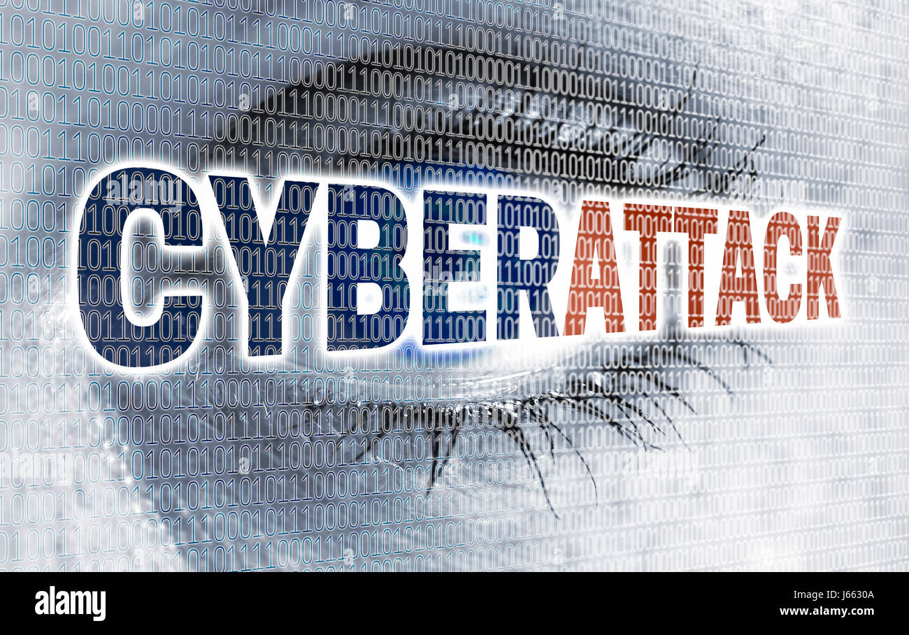 Cyberattack eye with matrix looks at viewer concept. Stock Photo