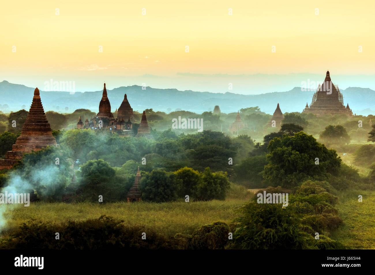 Stock Photo - Myanmar, Burma, Bagan, sunset over the temples Stock Photo