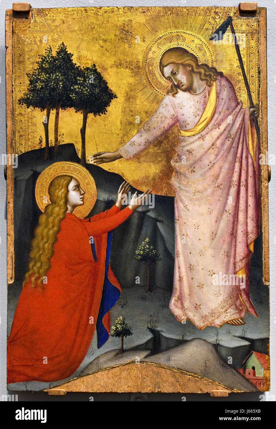 Italy Italian Noli me tangere,1368-70 Probably by, Jacopo di Cione  1365 -1400 Italy Italian,  (  New Testament (John 20: 14-18) tells how Mary Magdalene at first mistook the Risen Christ for a gardener: he is shown holding a hoe. She kneels before him and Christ urges her not to touch him, saying 'Noli me tangere'.) Stock Photo
