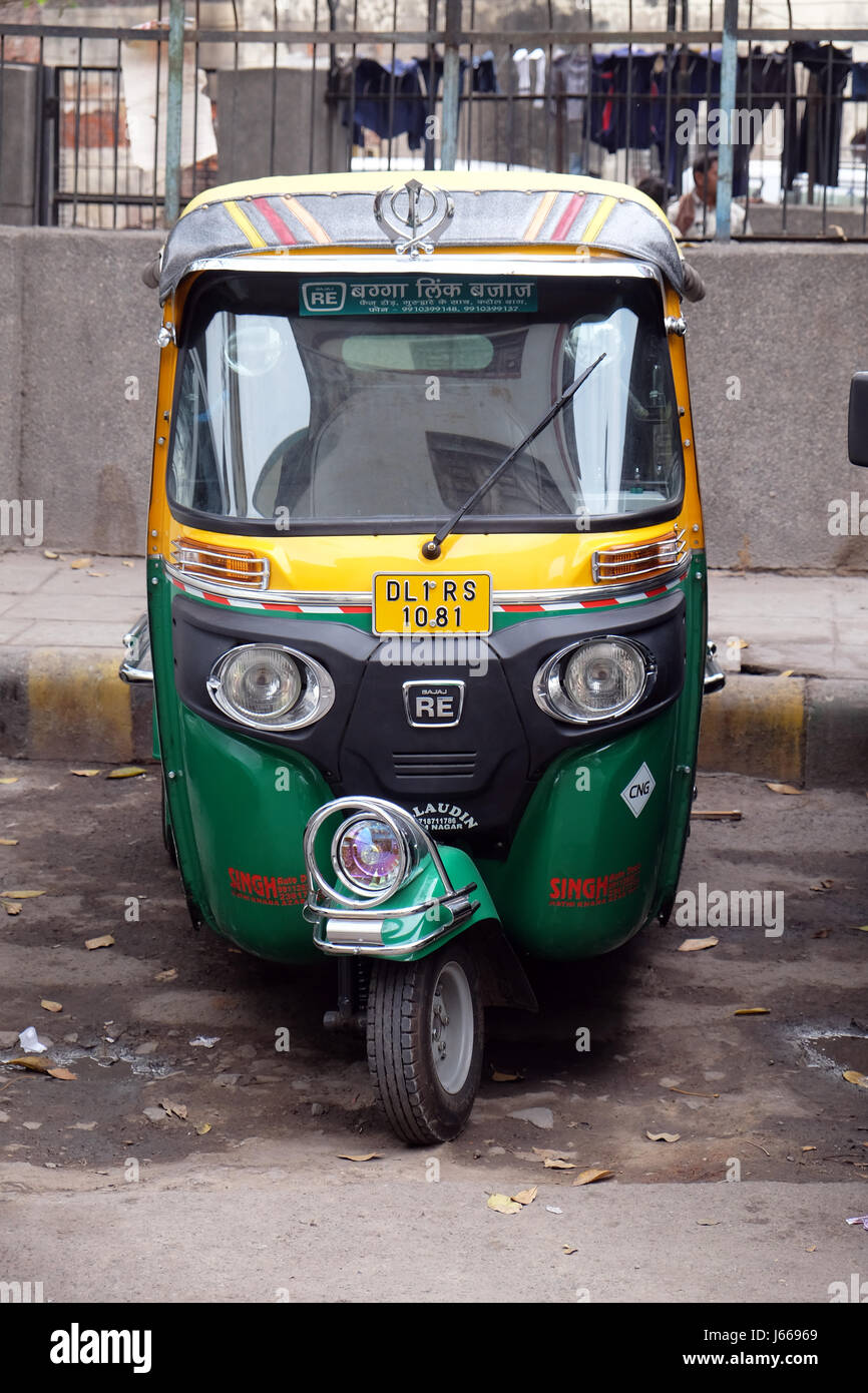 Tuk tuk auto rickshaw parking near old Delhi railway station, India on February, 13, 2016. Stock Photo