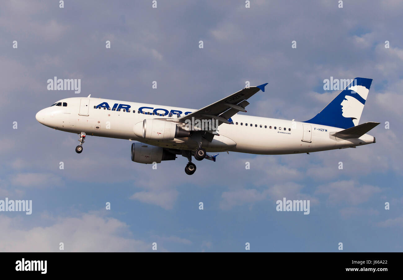 Toulouse, France - April 14, 2017: Air Corsica Airbus A320 approaching to Toulouse-Blagnac Airport in Toulouse, France. Stock Photo