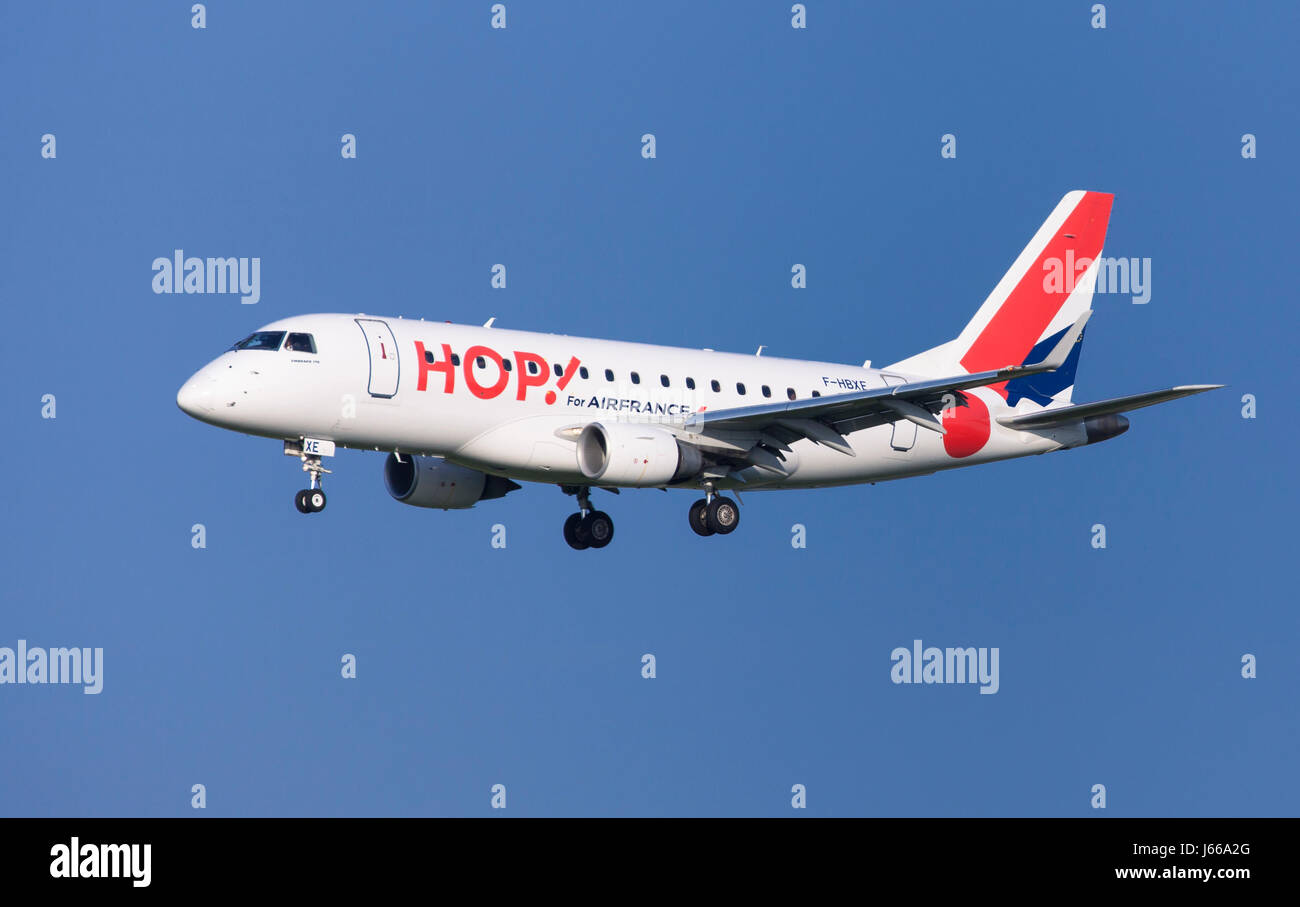 Toulouse, France - April 14, 2017: Hop! Embraer ERJ-170STD approaching to Toulouse-Blagnac Airport in Toulouse, France. Stock Photo