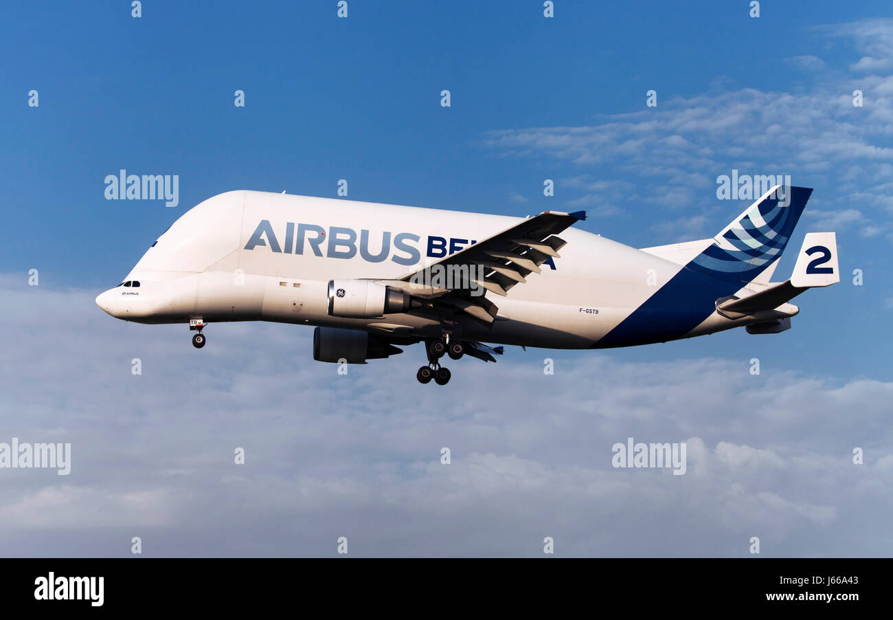 Toulouse, France - April 14, 2017: Airbus A300-608ST Beluga 2 approaching to Toulouse-Blagnac Airport in Toulouse, France. Stock Photo