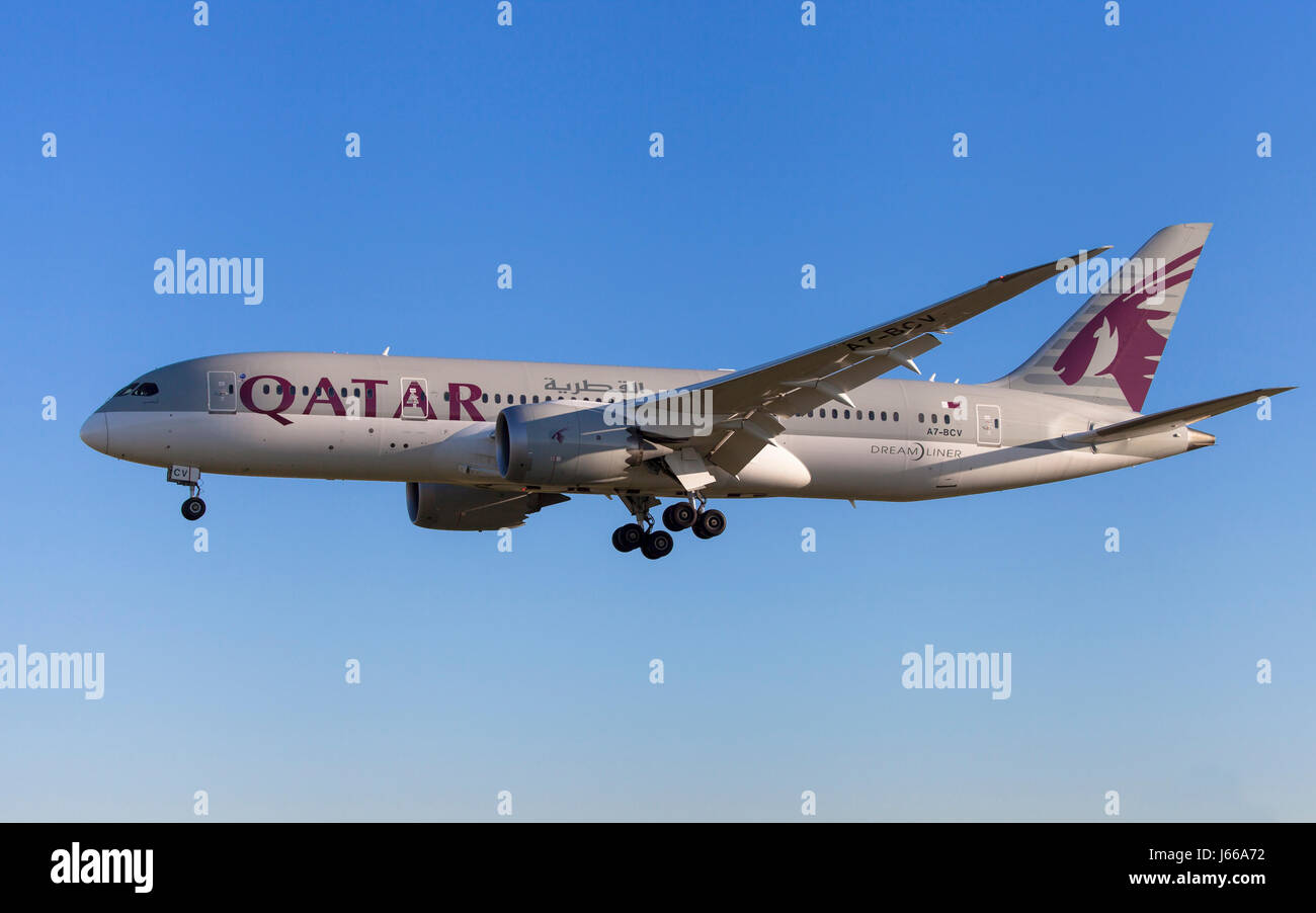 Barcelona, Spain - May 6, 2017: Qatar Airways Boeing 787-8 Dreamliner approaching to El Prat Airport in Barcelona, Spain. Stock Photo