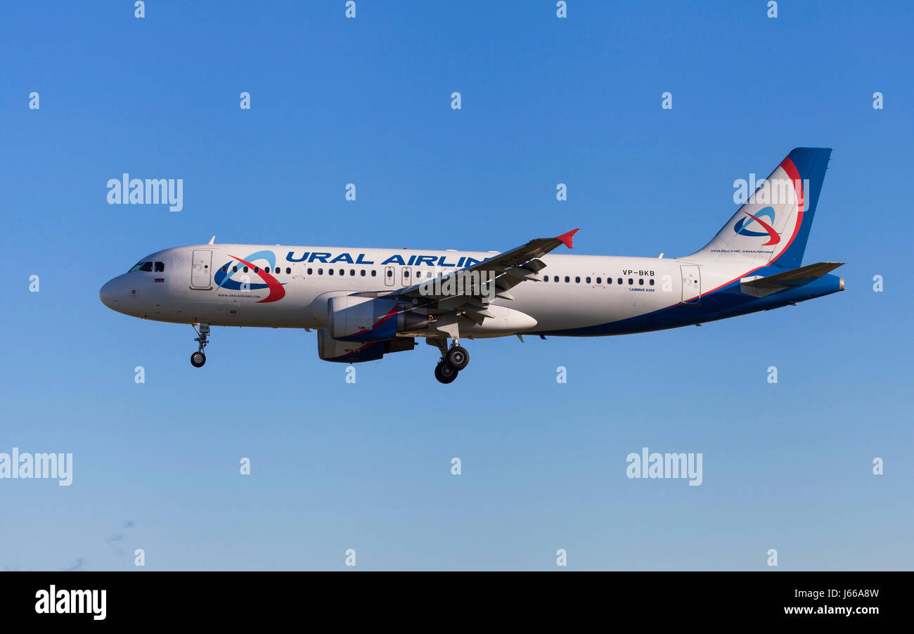 Barcelona, Spain - May 6, 2017: Ural Airlines Airbus A320 approaching to El Prat Airport in Barcelona, Spain. Stock Photo