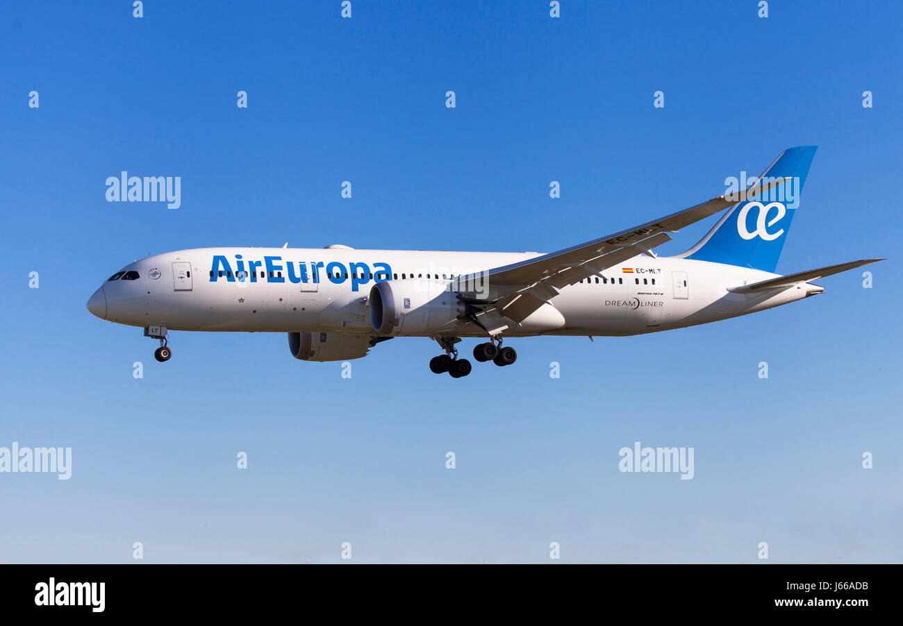 Barcelona, Spain - May 6, 2017: Air Europa Boeing 787-8 Dreamliner approaching to El Prat Airport in Barcelona, Spain. Stock Photo