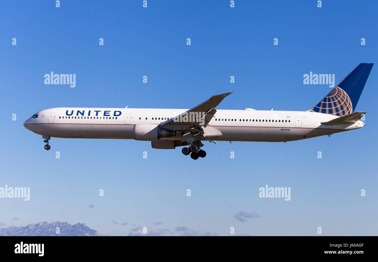 Barcelona, Spain - May 6, 2017: United Airlines Boeing 767-400ER approaching to El Prat Airport in Barcelona, Spain. Stock Photo