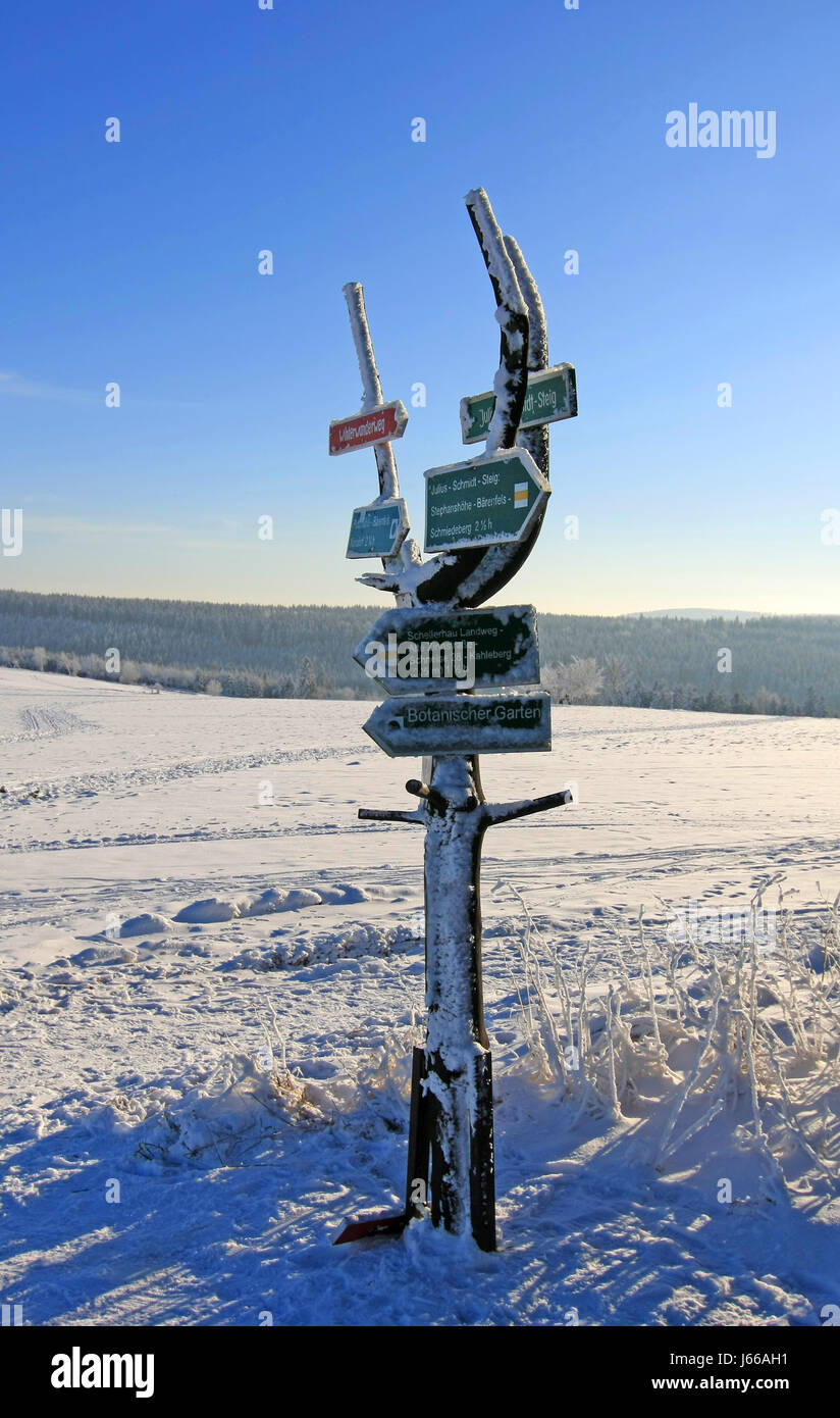 winter hike go hiking ramble winter landscape signpost orientation marking snow Stock Photo