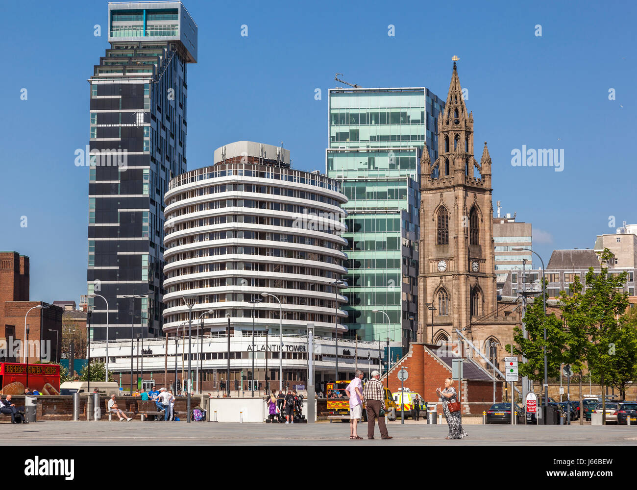 Ancient and modern at Liverpool pierhead. Stock Photo