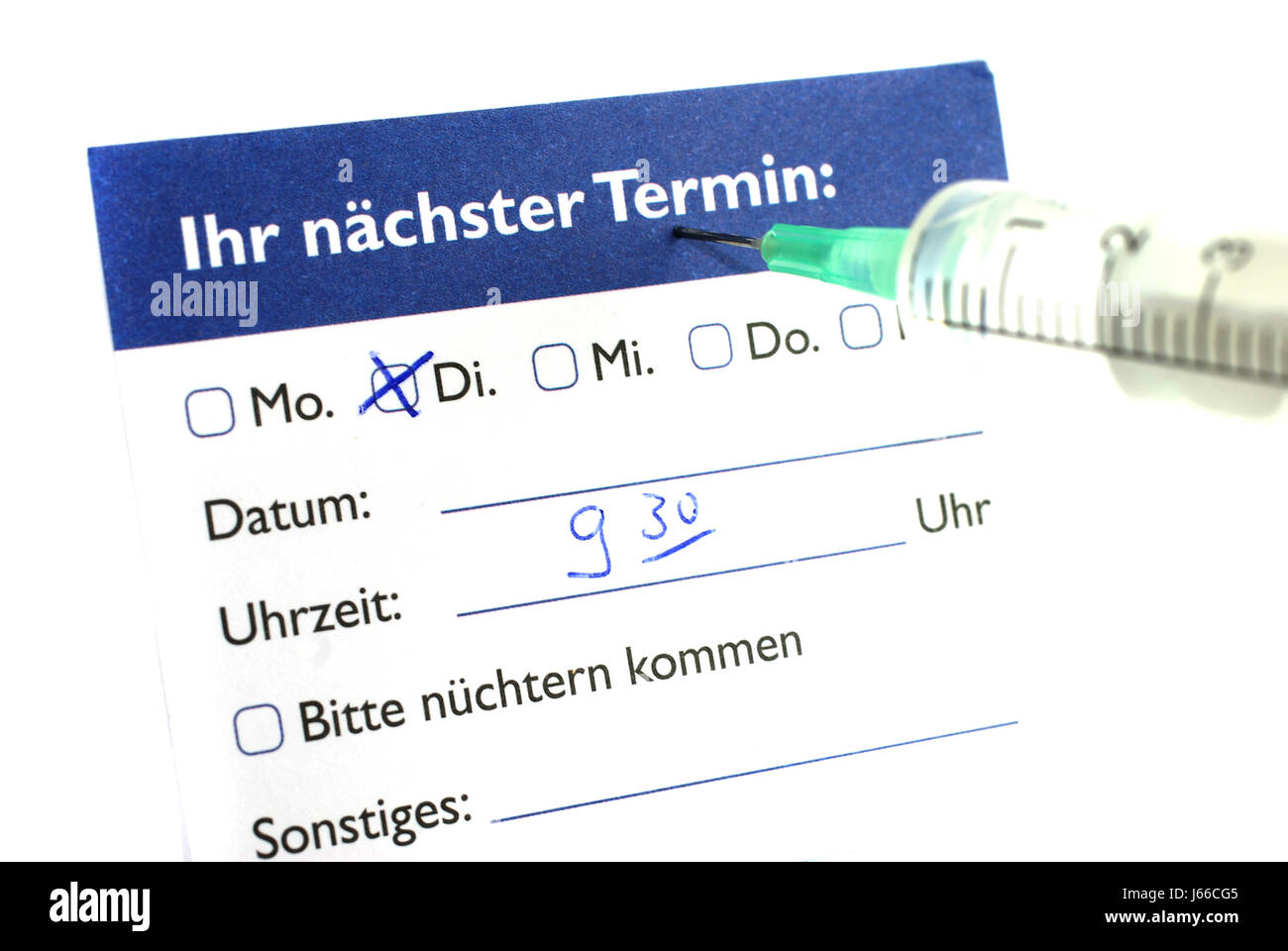 slip time syringe injection date slip saw off spiked time timing crib sheet to Stock Photo