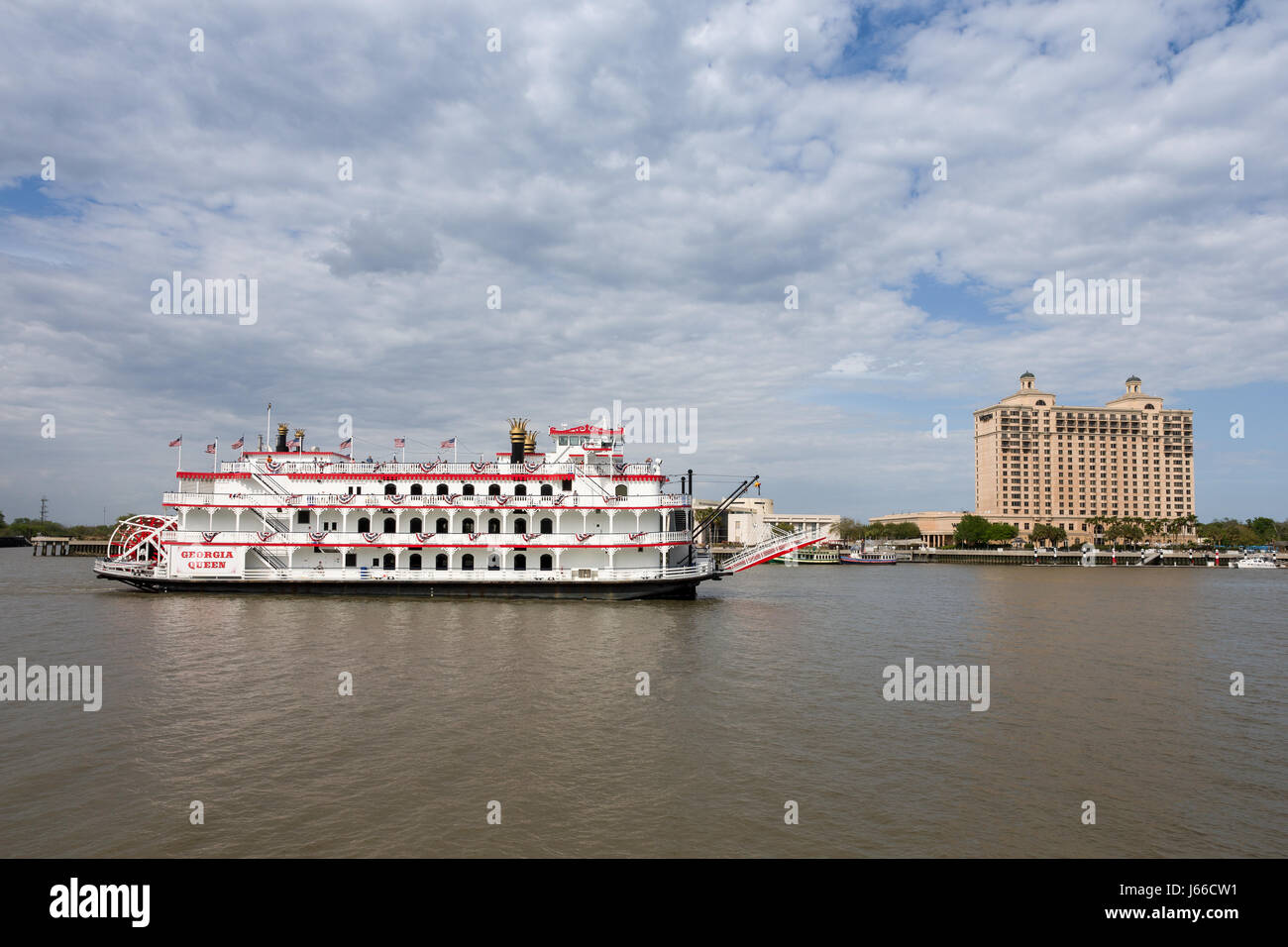 Savannah, GA - March 27, 2017:  The Georgia Queen is an 1800s style paddlewheel riverboat and tourist attraction in historic Savannah, Georgia. Stock Photo