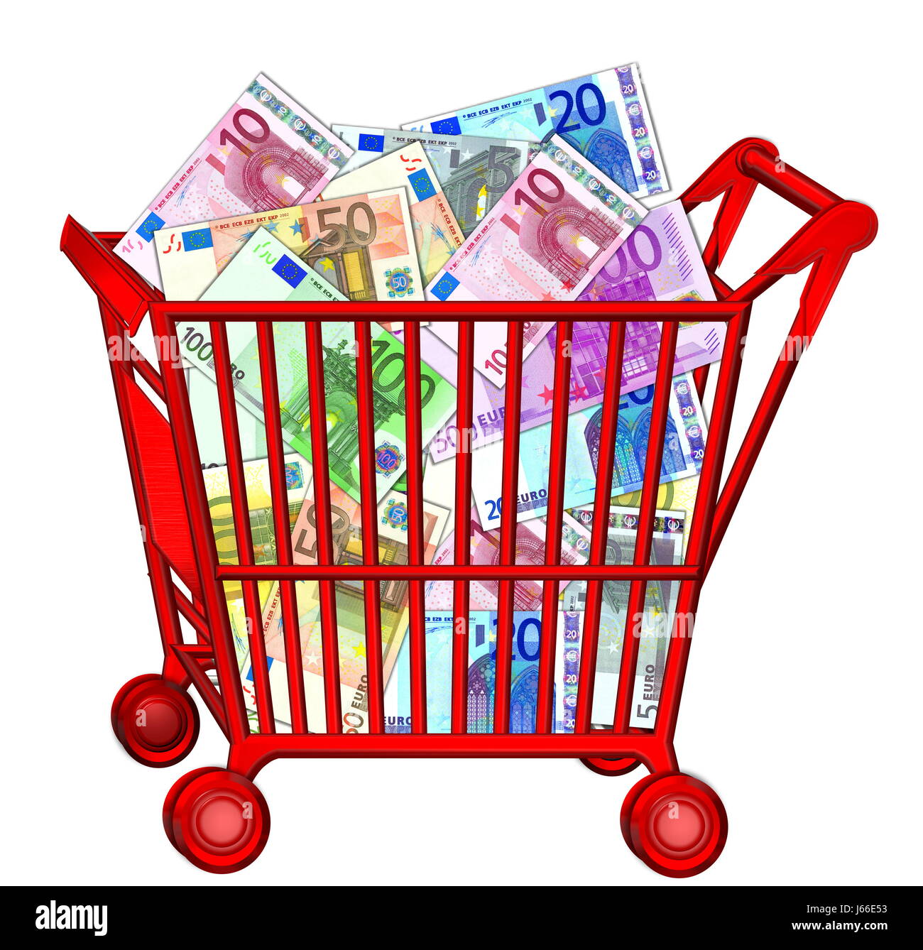 shopping bank note trolley cart issue money consumption currency wheels metal Stock Photo