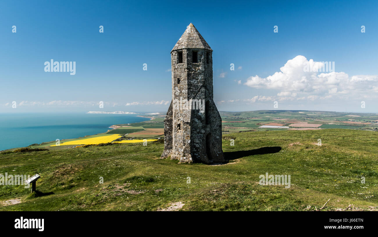 St Catherine's Oratory, the pepperpot, and distant coastal views Stock Photo