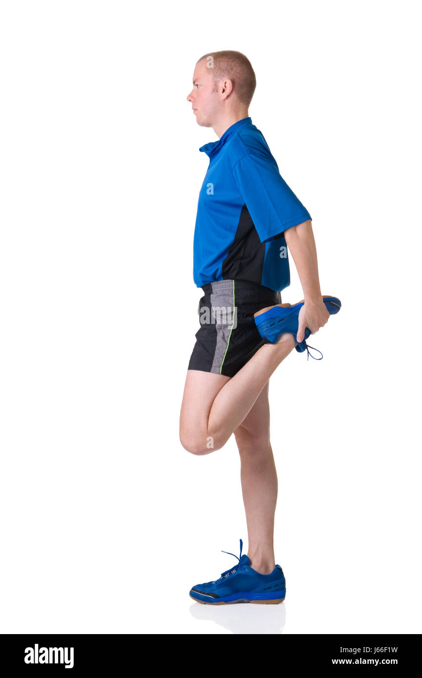 sport sports muscle strain stretching man blue sport sports black swarthy Stock Photo