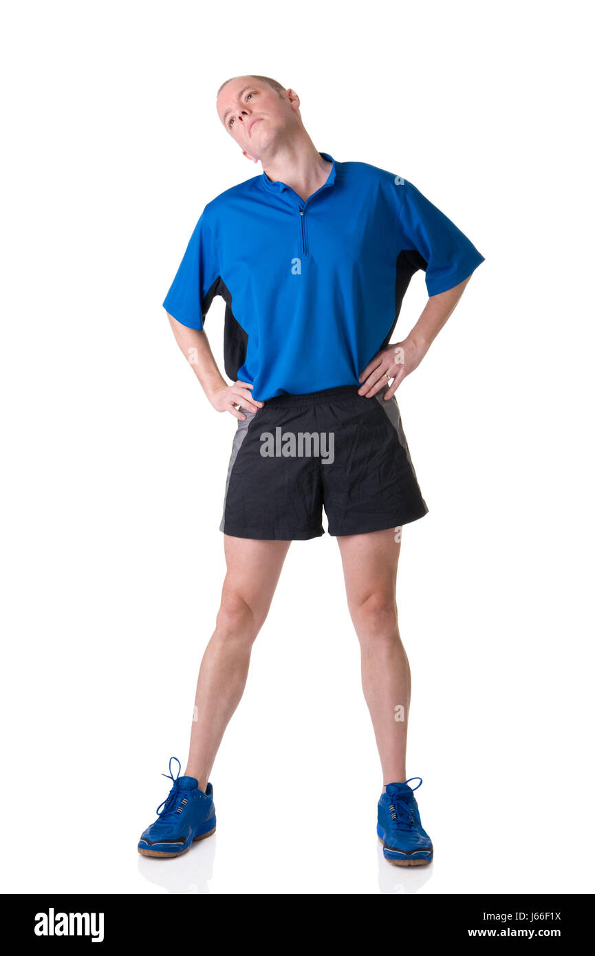 sport sports muscle strain stretching man blue sport sports black swarthy Stock Photo
