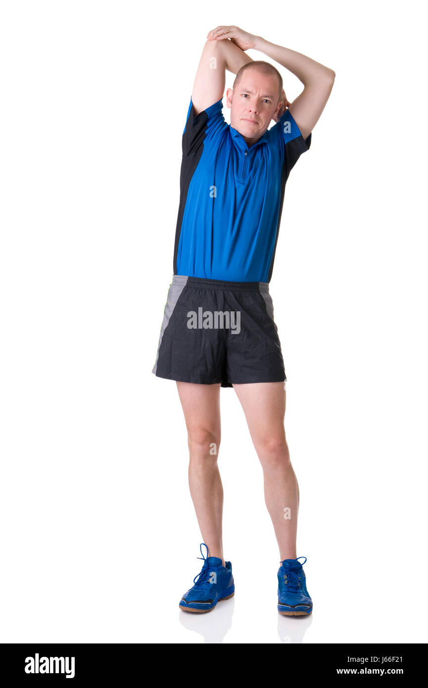 sport sports muscle strain stretching man blue sport sports black swarthy Stock Photo