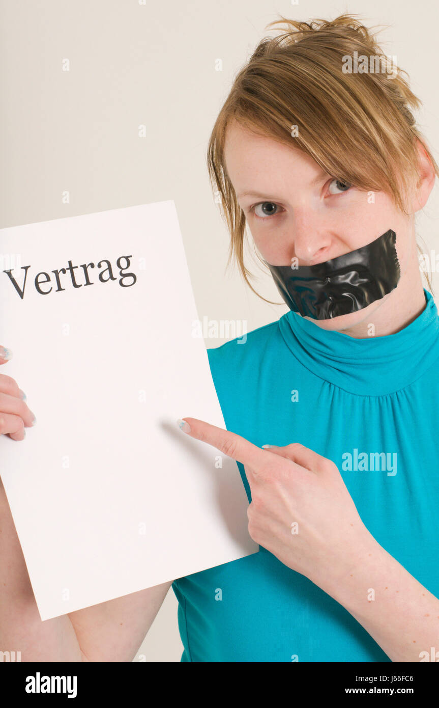 gagged woman with contract Stock Photo