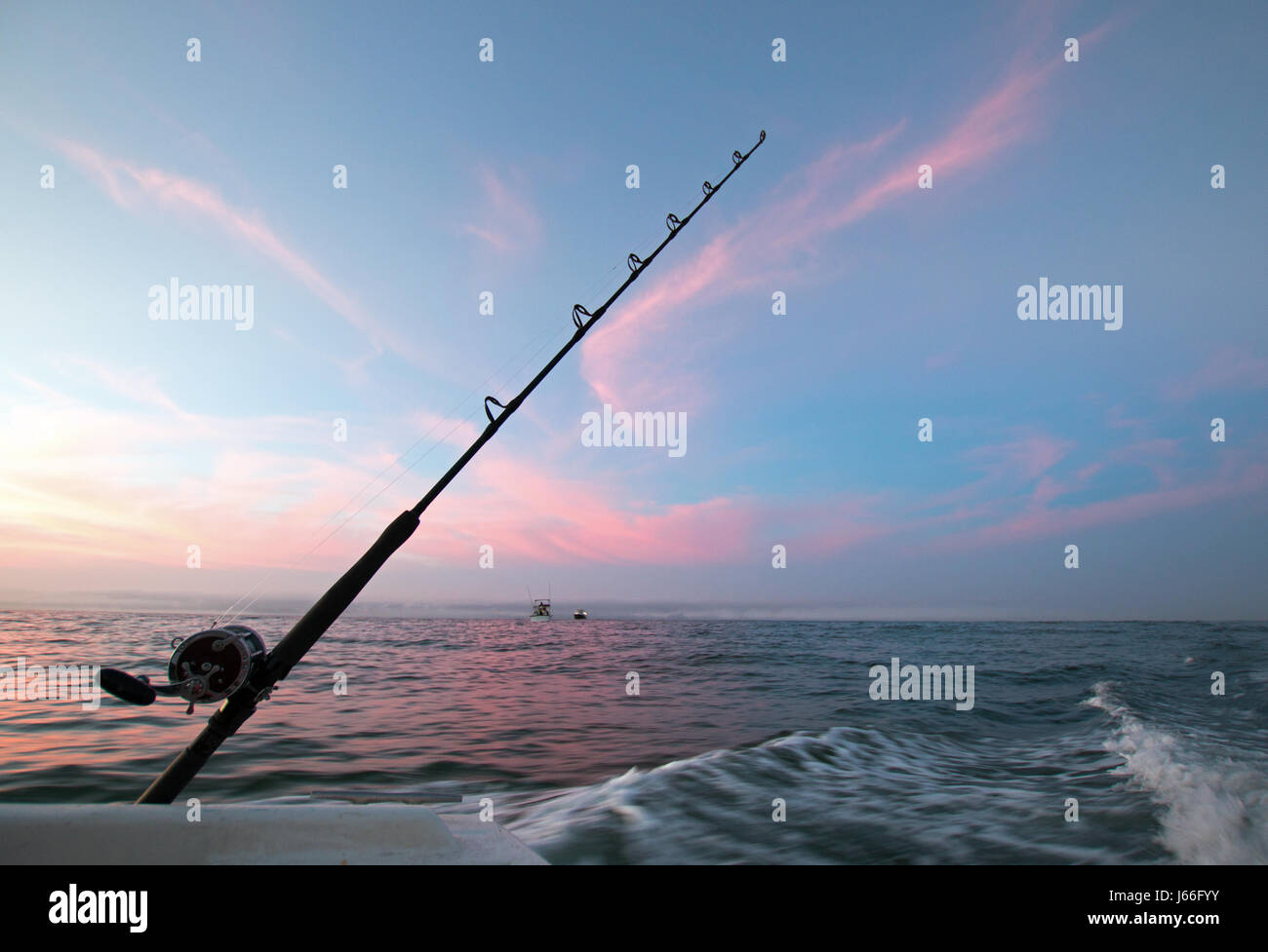https://c8.alamy.com/comp/J66FYY/fishing-road-on-charter-fishing-boat-against-pink-sunrise-sky-on-the-J66FYY.jpg