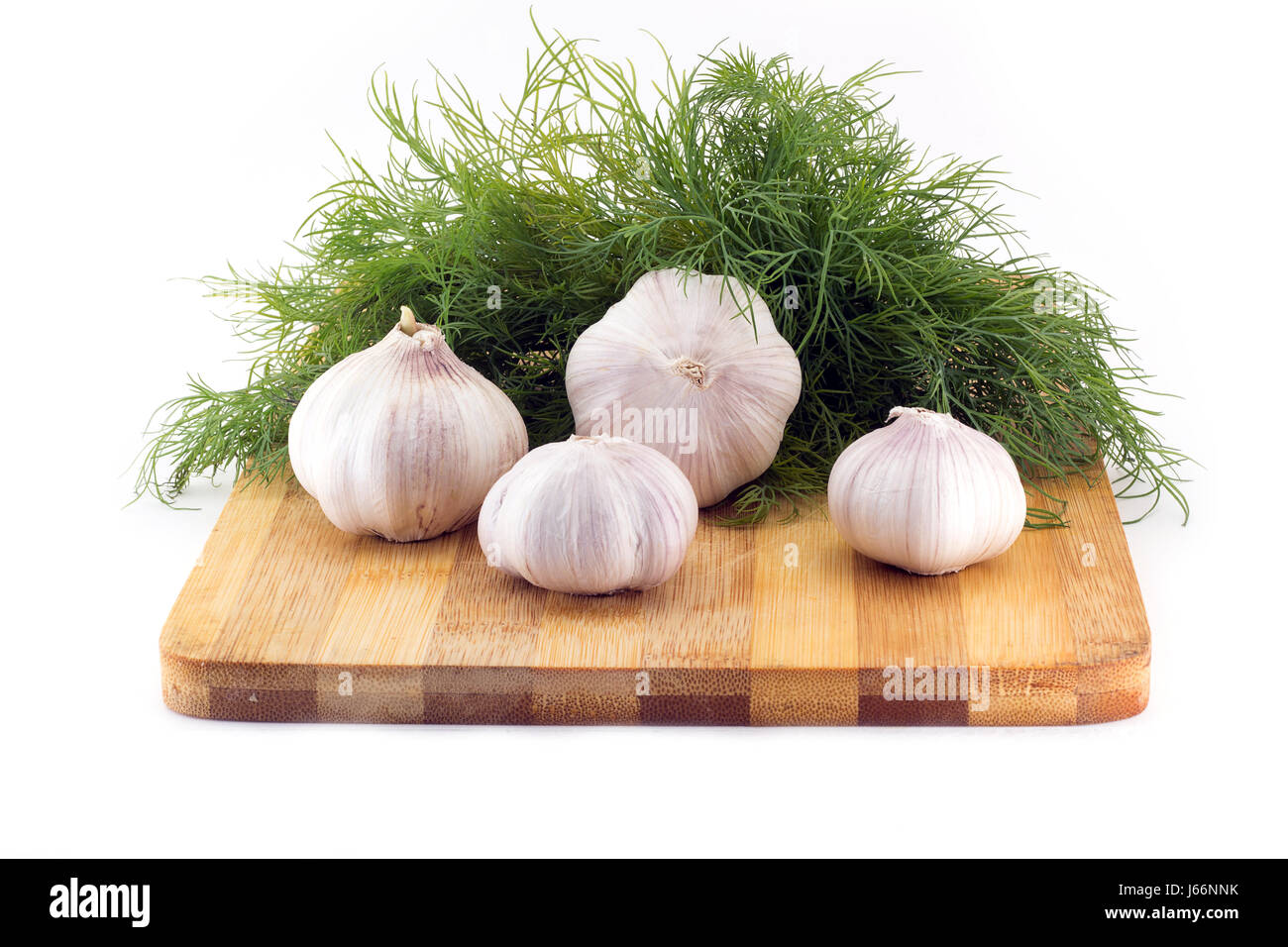 Four bulbs of garlic on a wooden substrate and a bunch of dill on a background isolated on a white background Stock Photo