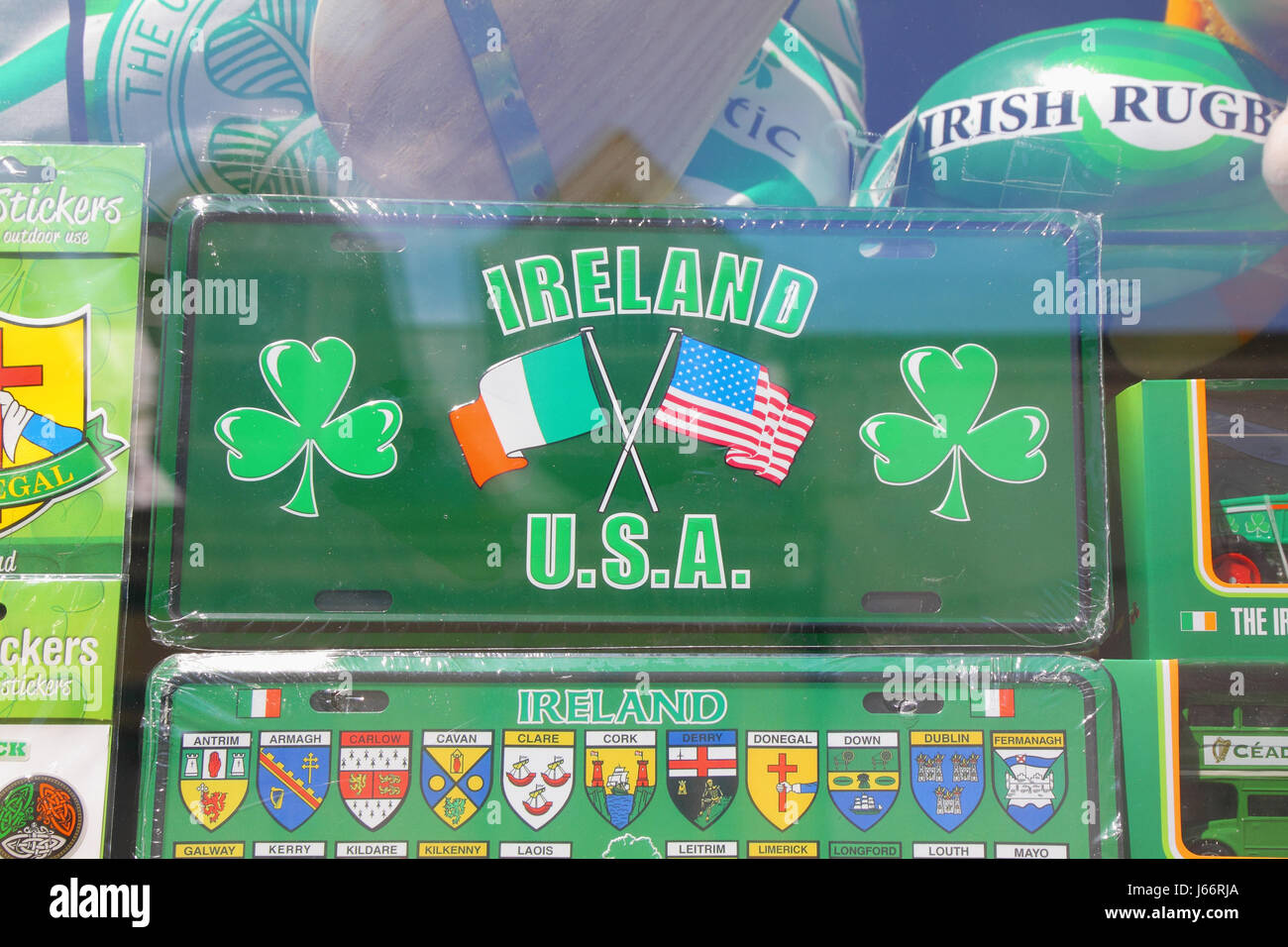 Sign for sale in shop window in Ireland, affirming Irish American relations Stock Photo