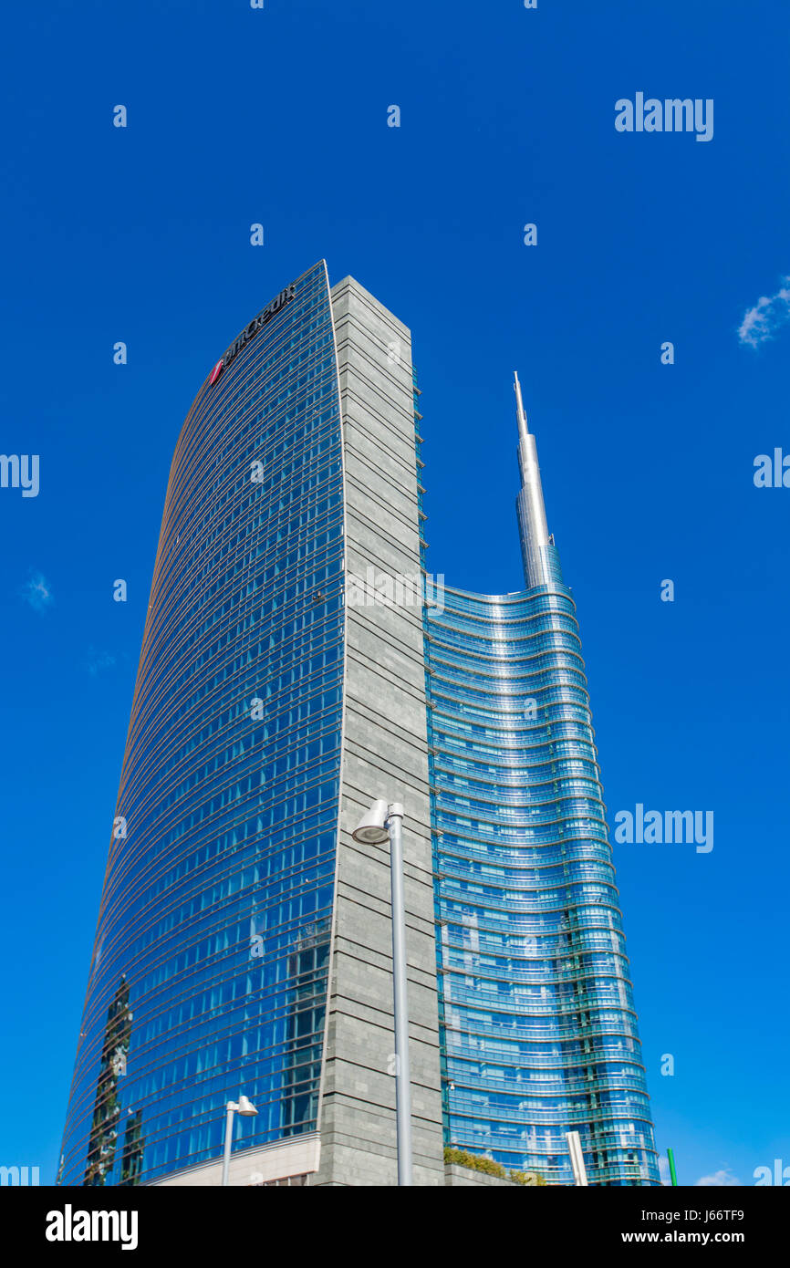 MILAN, ITALY - APRIL 28, 2017: Detail of Unicredit Tower in Milan. Tower was opened at 2012 and with 231 metres, it is the tallest building in Italy Stock Photo
