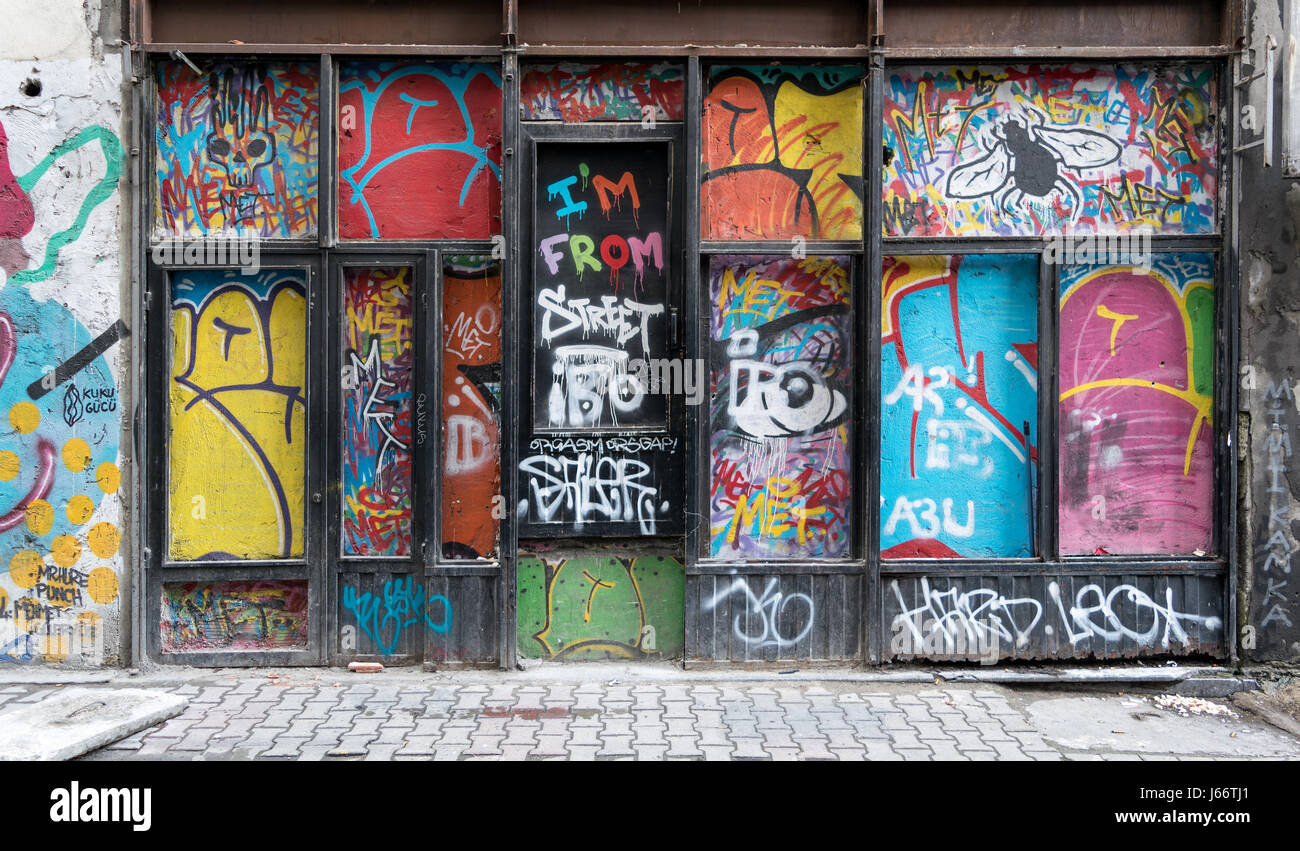 Grunge wooden door with random paints, Istanbul, Turkey Stock Photo